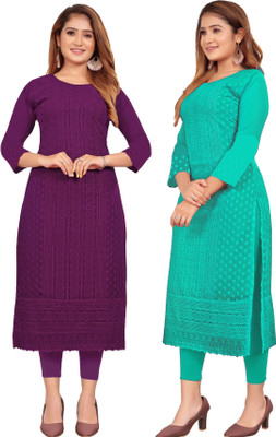 KAYRAAH Women Chikan Embroidery Straight Kurta(Light Green, Purple)
