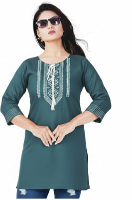HESTREE Women Embroidered A-line Kurta(Blue)