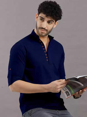 omkar Men Solid Straight Kurta(Dark Blue)