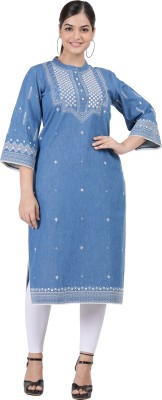 Hi Fashion Women Embroidered Straight Kurta(Blue)