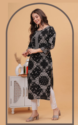 Dk Fab Women Printed Straight Kurta(Black)