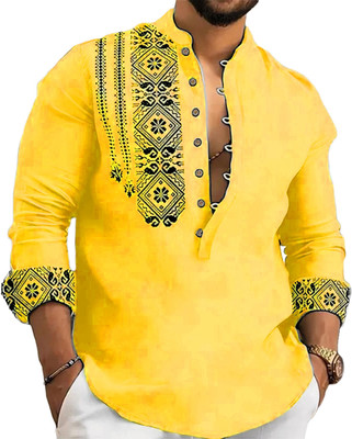 DEELMO Men Printed Straight Kurta(Yellow)