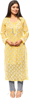 Neelam Chikan Women Chikan Embroidery Straight Kurta(Yellow, White)