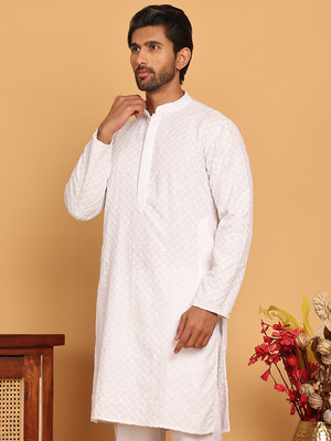Jompers Men Embroidered Straight Kurta(White)