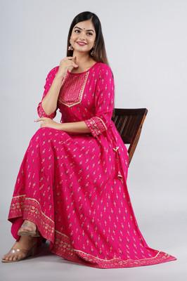 Gujari Women Floral Print Anarkali Kurta(Pink)