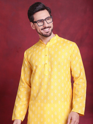 Jompers Men Printed Straight Kurta(Yellow)