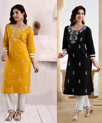 SISTO Women Chikan Embroidery A-line Kurta(Black, Yellow)