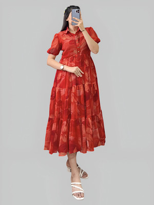 FOXDX Women Printed Anarkali Kurta(Red)