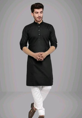 FH COLLECTION Men Solid Straight Kurta(Black)