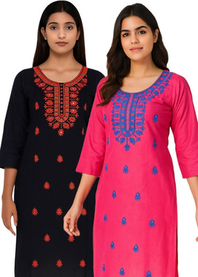 Badry Fashion Women Embroidered Straight Kurta(Pink, Black)