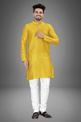 HOC's Men Self Design Straight Kurta(Yellow)