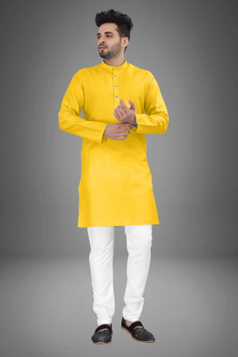 Shree Dutt Creation Men Solid Straight Kurta(Yellow)
