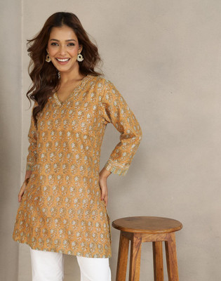 Fabindia Women Printed Straight Kurta(Yellow)