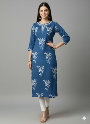 AURIPRX FASHION Women Embroidered, Printed Straight Kurta(Blue)