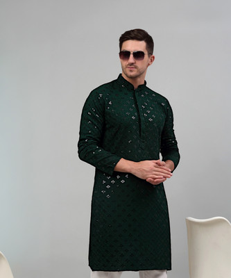 Jompers Men Embroidered Straight Kurta(Dark Green)