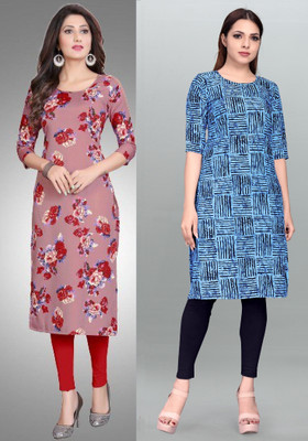 Modli 20 Fashion Women Striped, Printed Straight Kurta(Blue, Pink)