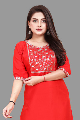 AKK Enterprise Women Embroidered Straight Kurta(Red)