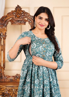 PIROKI Women Printed Anarkali Kurta(Green)