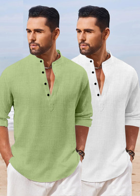 HEMADHAV Men Solid Straight Kurta(Light Green, White)