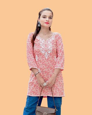 DharmHouse Women Chikan Embroidery Straight Kurta(Orange)