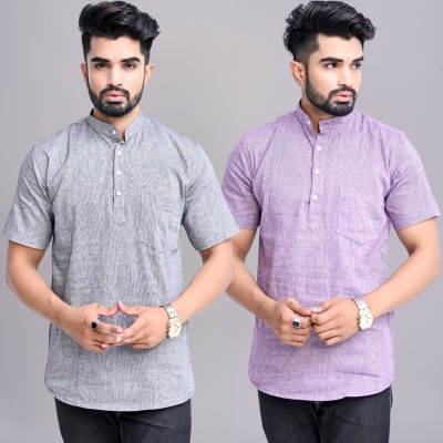 QuaClo Men Solid Straight Kurta(Grey, Purple)