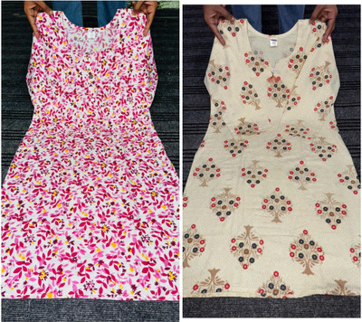 ATTIREGURU Women Printed Straight Kurta(Beige, Pink)