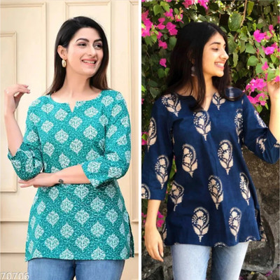 LattaGhaba Women Floral Print Tunic Kurta(Blue, Green)