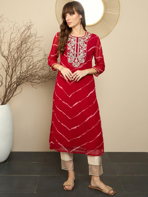 Indo Era Women Embroidered Straight Kurta(Red)