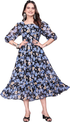 JYOTESTORE Women Fit and Flare Light Blue Midi/Calf Length Dress