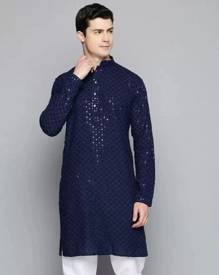 GRATIVO CREATION Men Chikan Embroidery Straight Kurta(Dark Blue)