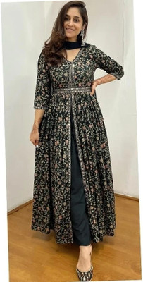 Texa Hub Women Printed, Floral Print, Embellished, Embroidered Frontslit Kurta(Black)