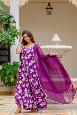 ETHNIFLAIR Women Floral Print Anarkali Kurta(Purple)