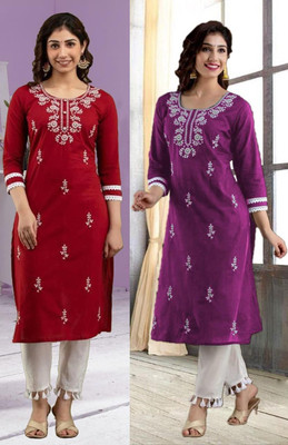 vikshi Women Chikan Embroidery Straight Kurta(Multicolor)