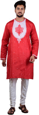 Meilli Men Embroidered Straight Kurta(Red)
