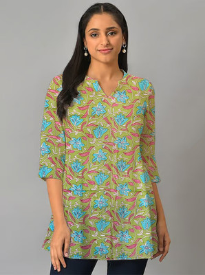 World of Mystery Women Floral Print Straight Kurta(Blue, Green)