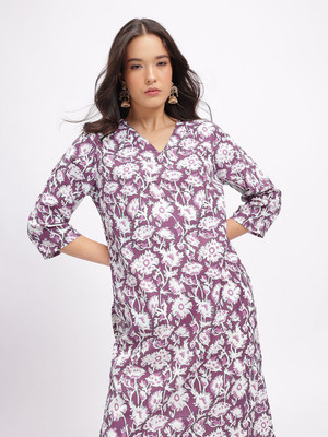 Anouk Rustic Women Floral Print Straight Kurta(Purple)