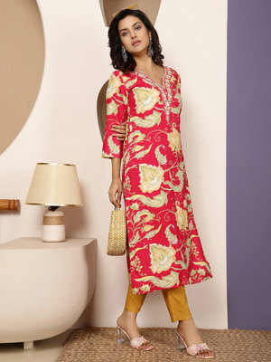 Gulmohar Jaipur Women Printed Straight Kurta(Pink)