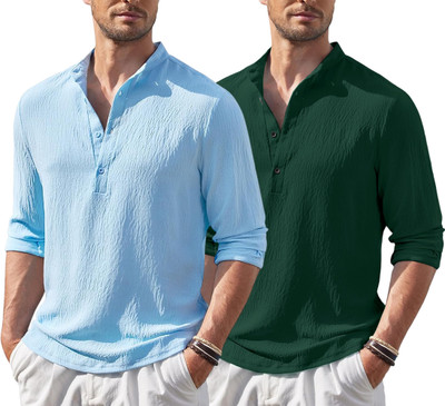 HEMILIQUE Men Solid Straight Kurta(Light Blue, Dark Green)