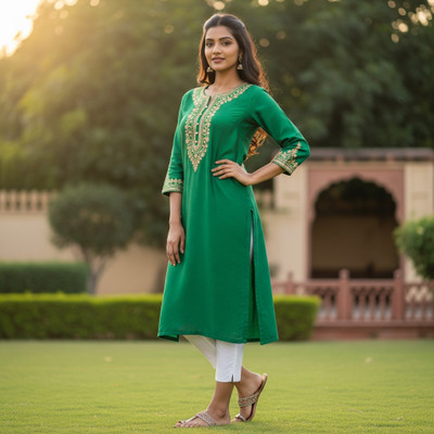 Mirishaqalikhan Women Solid, Embroidered Straight Kurta(Green)