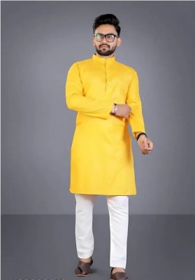 jay mataji kapad kendra Men Self Design Ethnic Dress Kurta(Yellow)