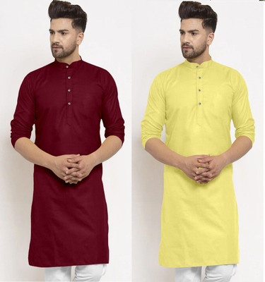 JENZEE Men Solid Straight Kurta(Yellow, Maroon)
