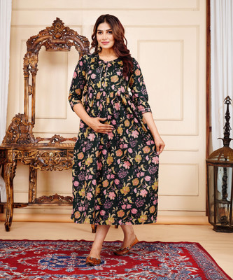 BALIYE Women Floral Print Anarkali Kurta(Black)
