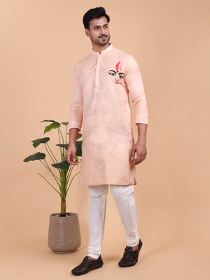 Namaskar Men Printed Straight Kurta(Pink)