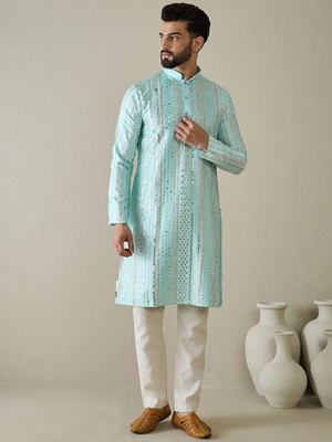 ANOUK Men Striped Straight Kurta(Blue)