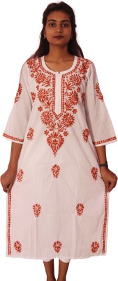 Jk fashion Women Chikan Embroidery Straight Kurta(White, Orange)