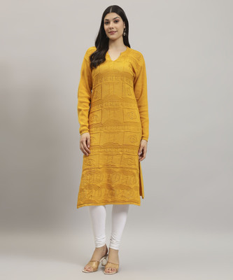 HERMISTON Women Solid, Embellished Straight Kurta(Yellow)