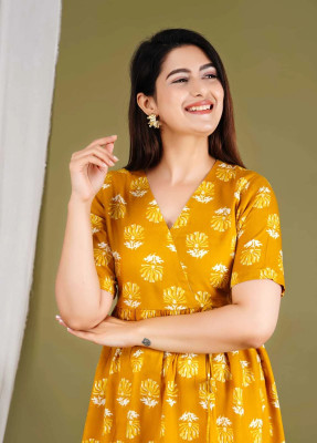 Kwast Women Printed A-line Kurta(Yellow)