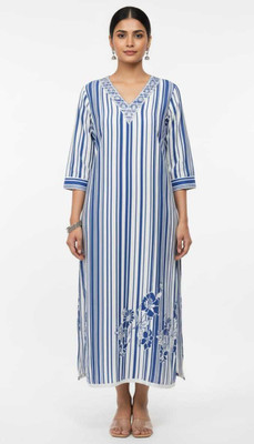 Mandorya Fashion Women Striped, Floral Print, Embroidered A-line Kurta(Blue, White)