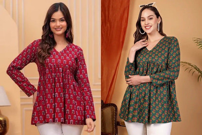 ARZOO Women Floral Print Flared Kurta(Maroon, Green)