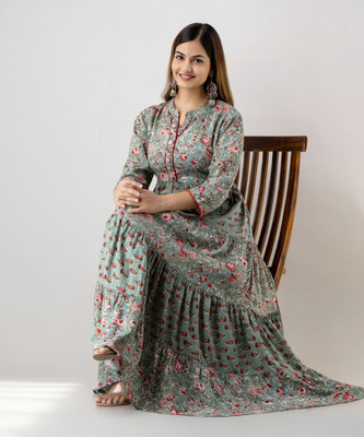 Yaltas Women Printed Anarkali Kurta(Green)